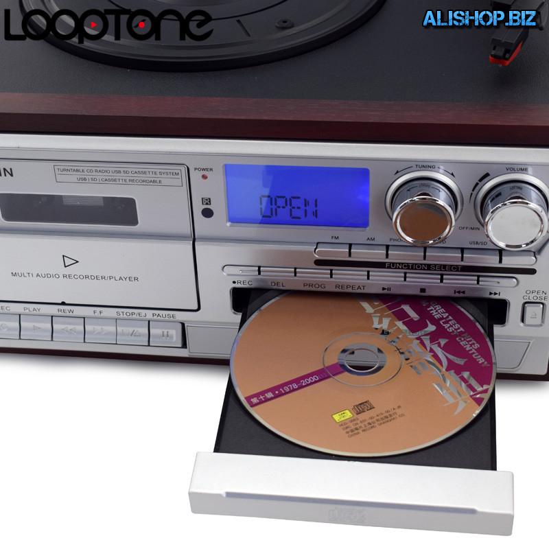 Player for vinyl, CDs, tapes, supports bluetooth, USB drive, SD card, AUX.